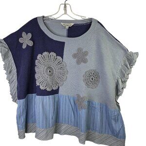 Davi & Dani Sweater Womens Large Blue Patchwork Crochet Ruffle Boho Oversized
